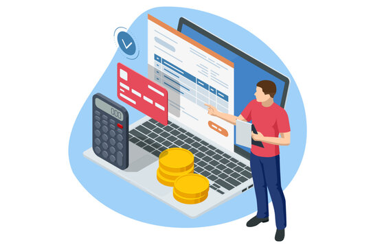 Isometric Online Bill Payment. Home Utilities Bill Payment Services Concept. Gas, Water, Electricity Supply. Save energy, pay utility bills