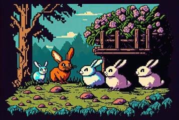 Pixel art easter scene with rabbits and eggs in garden, landscape background in retro style for 8 bit game, Generative AI