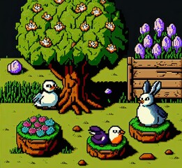 Fototapeta premium Pixel art easter scene with rabbits and eggs in garden, landscape background in retro style for 8 bit game, Generative AI