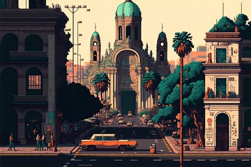 Naklejka premium Pixel art mexico city, cityscape in retro style for 8 bit game, Generative AI 