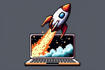 Pixel art rocket flying from laptop, startup concept, background in retro style for 8 bit game, Generative AI