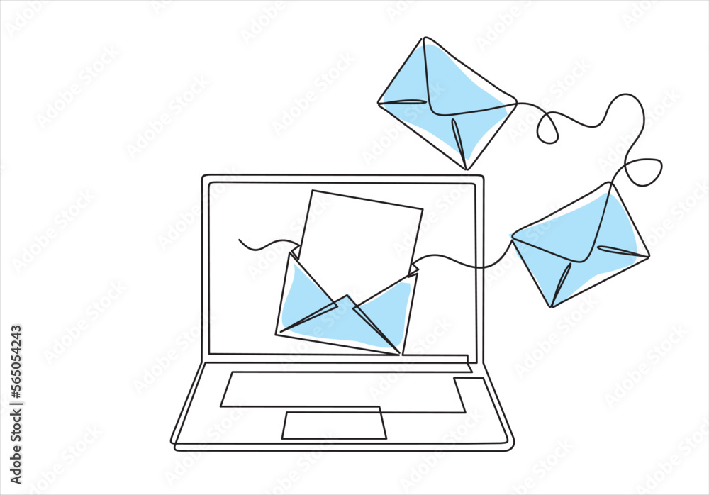 Poster laptop and envelopes e mail list building illustration continuous one line art illustration. can use