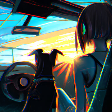 Cyber Girl With A Dog Watching The Sunset From The Car. Canvas Painting. Generative AI