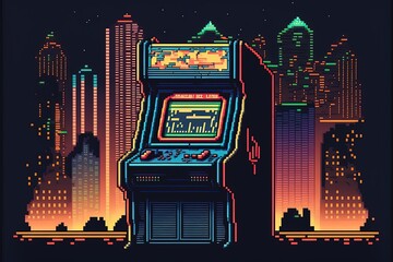 Pixel art slot machine, arcade with city background in retro style for 8 bit game, Generative AI
