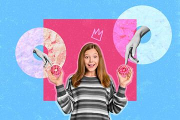 Creative photo 3d collage artwork poster postcard of pretty lovely lady hold tasty dessert like sweet food isolated on painting background