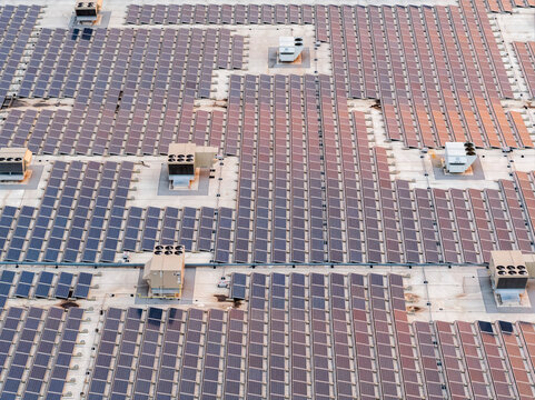 Rooftop covered with solar panels, Atlanta, Georgia, USA