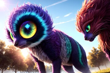 Cute imaginary animal, alien fluffy animal, fluffy fur, colorful beautiful portrait