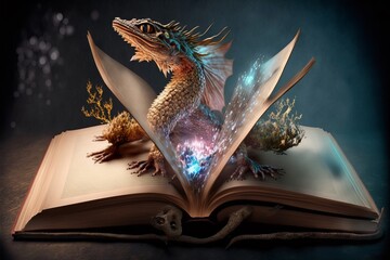 Magic fantasy book with magic dragon. Generative AI