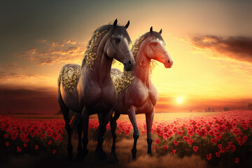 pair of horses galloping in a romantic sunset. generative ai