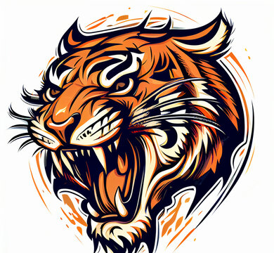 stylized roaring tiger head isolated on white background, cartoon style created with generative ai