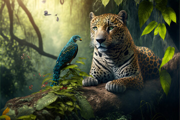 Jaguar in the tree, with blue parrot, animals in their natural habitat, Generative AI