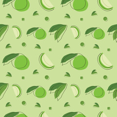 Hand Drawn Guava with leaves Seamless pattern on Green background, Slice Fruits. Cute Guava Vector Illustration.