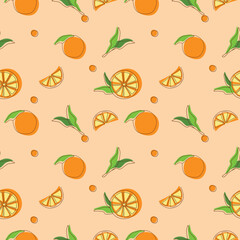 Hand Drawn Orange with leaves Seamless pattern on orange background, Slice Fruits. Cute Orange Vector Illustration.