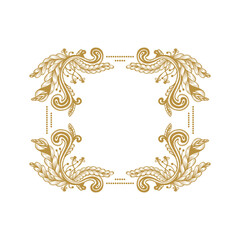 Hand Drawn Vintage damask ornamental elements for design. Baroque frame scroll ornament. Golden Elegant abstract floral pattern border in antique style. Decorative foliage swirl edging.