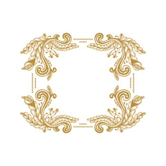 Hand Drawn Vintage damask ornamental elements for design. Baroque frame scroll ornament. Golden Elegant abstract floral pattern border in antique style. Decorative foliage swirl edging.