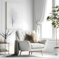 Cozy modern living room interior with white armchair and decoration room on a white or white wall background
