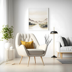 Cozy modern living room interior with withe armchair and decoration room on a white or white wall background
