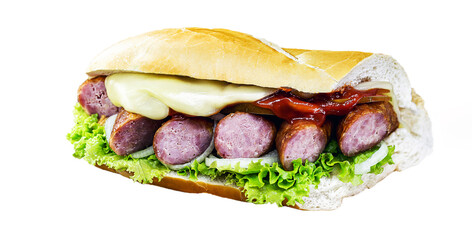 bread snack with smoked sausage, melted cheese and seasoned vegetables, white background, isolated