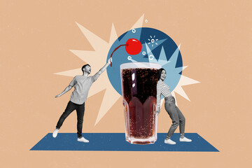 Creative photo 3d collage artwork poster postcard of positive couple have fun together drink tasty...