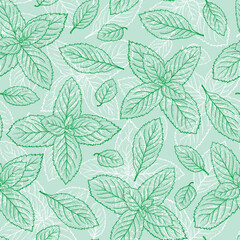 Vector Mint Leaf Seamless Pattern. Peppermint Green Tea. Fresh Mint leaves Background. Medicinal plants or Spicy Herbs Dot work illustration