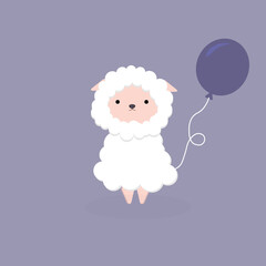 cute little white lamb with a purple balloon stands
