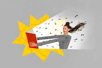 Creative trend collage of shocked young woman holding book scream flying letters light ray...