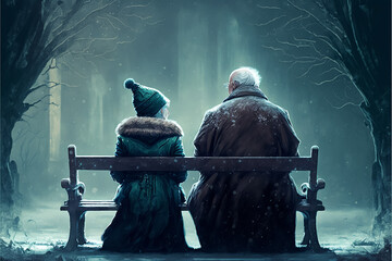 Fototapeta na wymiar A couple of elderly people, man and woman, sitting in a bench in the park in winter. Generative AI