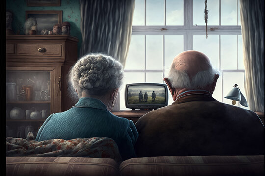 A couple of elderly people, man and woman, watching a tiny TV alone. Generative AI