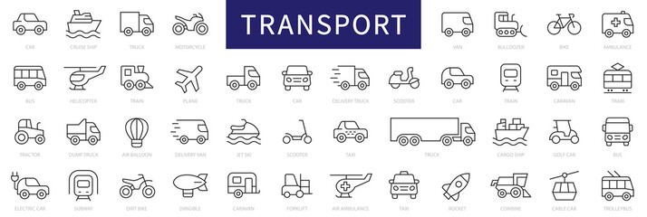Transport thin line icons set. Vehicle icons. Transport editable stroke icons collection. Transport types. Vector illustration - 565059401