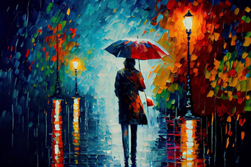 Walking in the rain with umbrella, colorful palette knife oil painting, made with Generative AI