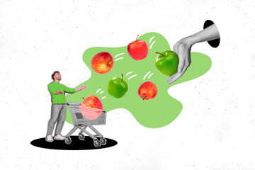 3d retro abstract creative artwork template collage of big arm apple flying young man shopping promo banner pushcart healthy nutrition