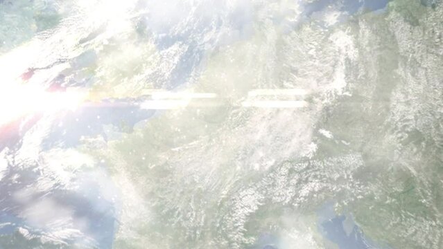 Earth zoom in from outer space to city. Zooming on Arlon, Belgium. The animation continues by zoom out through clouds and atmosphere into space. Images from NASA