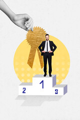 Vertical collage picture of black white colors arm fingers hold first place champion award mini guy...