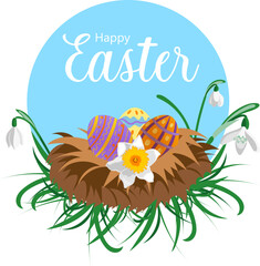 Happy Easter card design with nest and eggs and snowdrops on blue circle shaped background