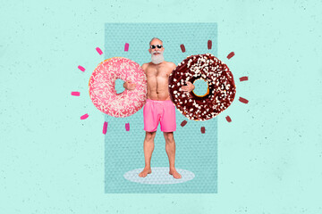 Creative retro 3d magazine collage image of funny funky senior guy holding donut air inflatable circle isolated painting background - obrazy, fototapety, plakaty