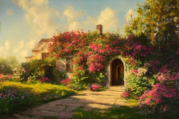 Warm Beautiful Vintage oil painting of cottage style ham exterior landscape with daylight plants and flowers Made with Generative Ai - obrazy, fototapety, plakaty