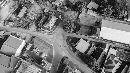 Black and white background House with crossroads taken from above