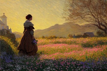 Beautiful cozy vintage oil painting of woman in field of flowers cottage mountains at golden hour antique rococo inspired Made with Generative Ai