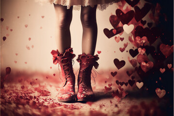 Valentine's day theme. Girl in festive boots. Created with Generative AI technology