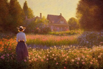 Beautiful cozy vintage oil painting of woman in field of flowers cottage mountains at golden hour antique rococo inspired Made with Generative Ai