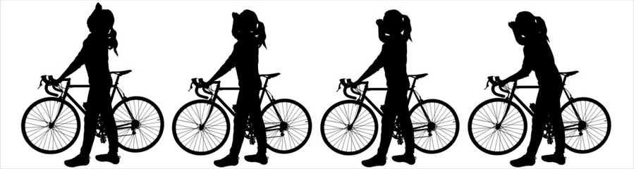 Fototapeta premium Woman, girl, with a bicycle. The tourist holds the bike behind the wheel, and with the other hand looks into the distance. A group of cyclists. Side view. Four black silhouettes isolated on white