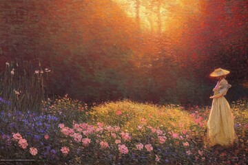Vintage oil painting of woman standing in garden surrounded by flowers Made with Generative Ai