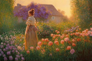 Vintage oil painting of woman standing in garden surrounded by flowers Made with Generative Ai - obrazy, fototapety, plakaty
