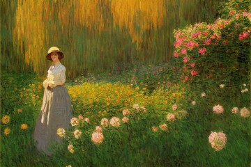 Vintage oil painting of woman standing in garden surrounded by flowers Made with Generative Ai