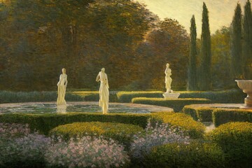 Beautiful Cozy Vintage oil painting of garden landscape with statues water fountains and flowers at Golden Hour Made with Generative Ai