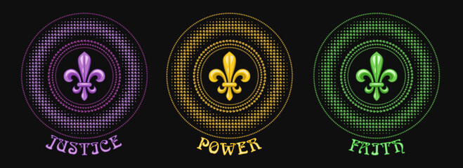 Set of round carnival Mardi Gras tradionally colored patterns meaning Power, Faith, Justice. Beads, fleur de lis symbol, text. Halftone style. For prints, clothing, apparel, t shirt, surface design - obrazy, fototapety, plakaty