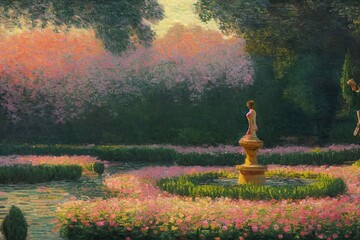 Beautiful antique vintage oil painting with daylight of garden landscape with water fountains and statues Made with Generative Ai