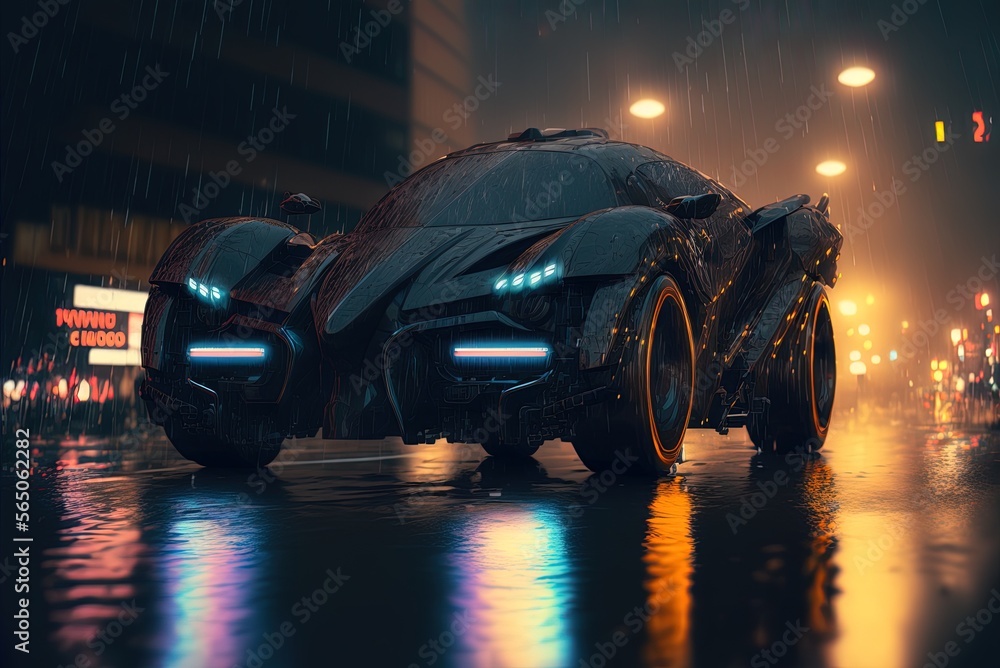Poster cybepank-style nighttime cityscape with a speeding automobile generative ai