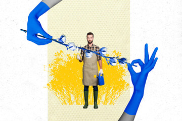 Creative abstract template collage of young man guy gardener hands rubber gloves cotton willow...