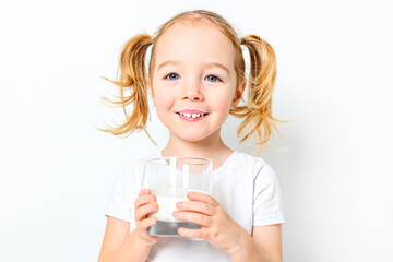 Image of child drinking milk on white background